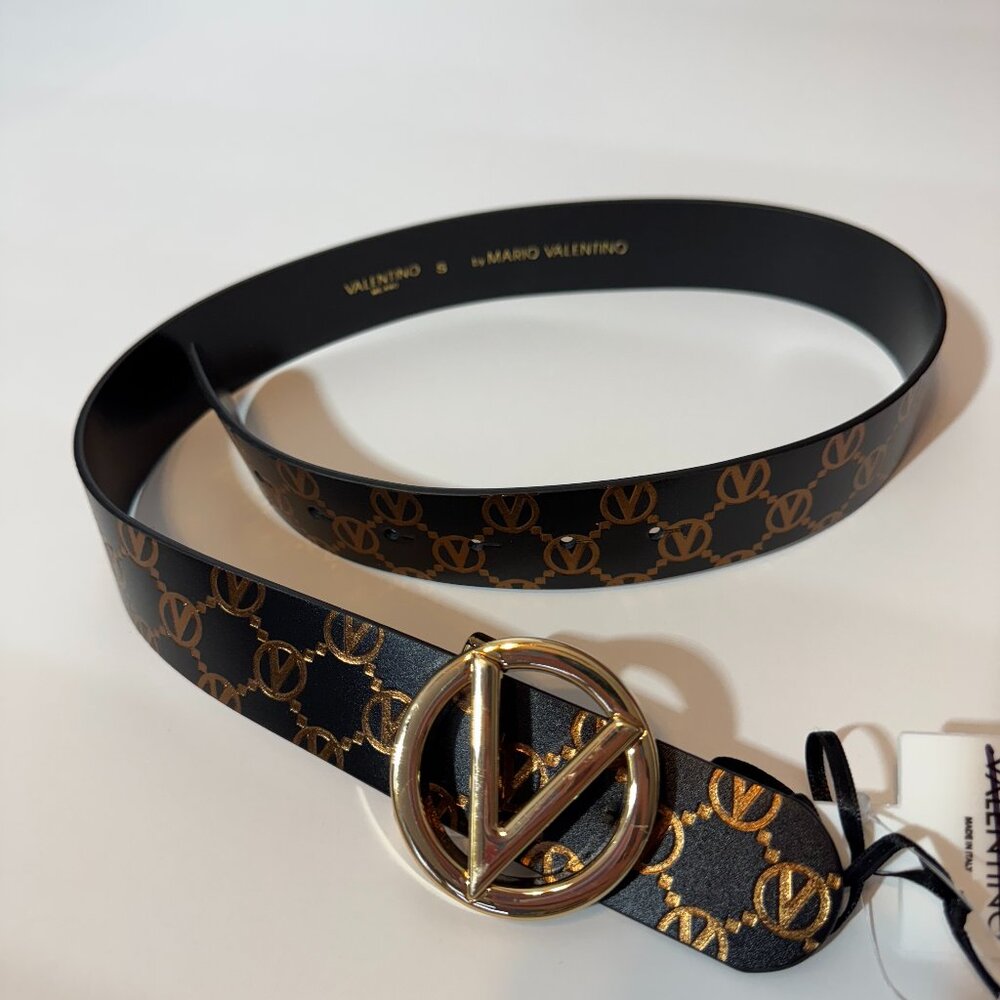 NEW VALENTINO AUTHENTIC GIUSY MONOGRAM LEATHER BLACK BELT​​ GOLD BUCKLE SMALL